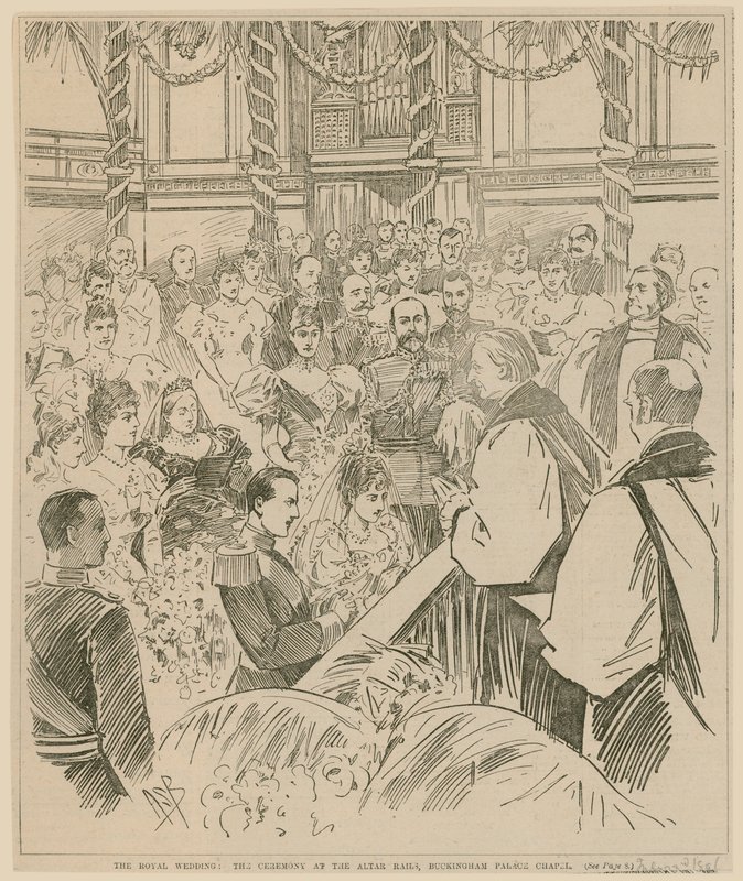 Die königliche Hochzeit, die Zeremonie an den Altarstangen, Buckingham Palace Kapelle, 23. Juli 1896 von English School