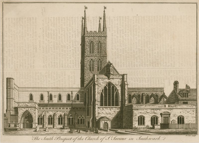 Die südliche Aussicht auf St. Saviours, Southwark, London von English School