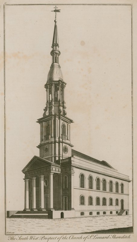 Die südwestliche Aussicht auf die Kirche St. Leonard, Shoreditch von English School