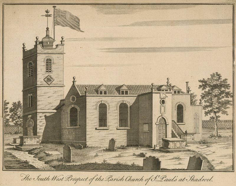 Die südwestliche Aussicht auf die Pfarrkirche St. Pauls in Shadwell, London von English School