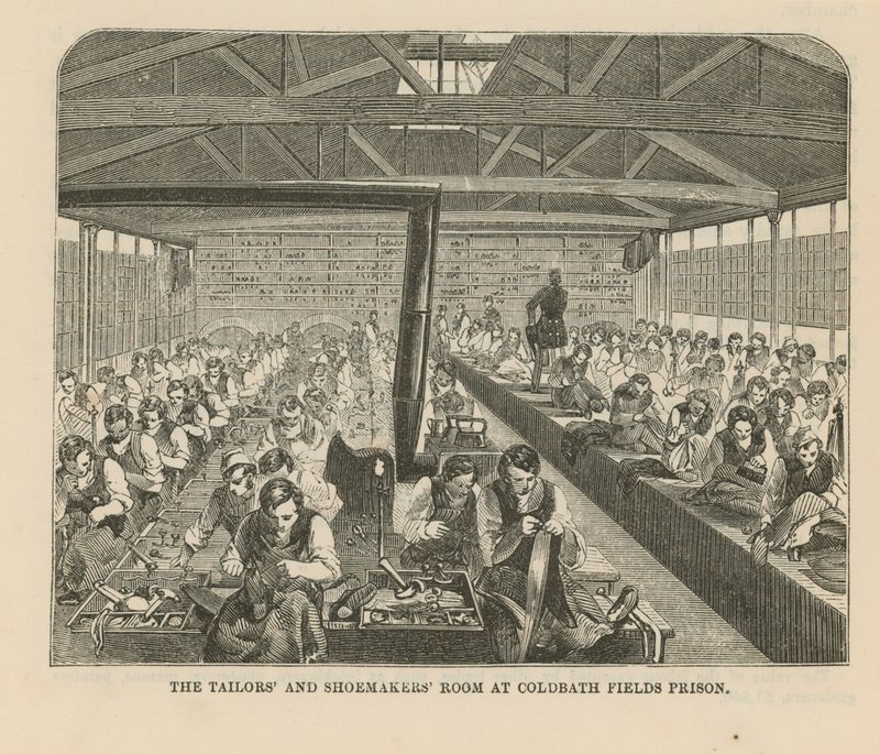 Schneider- und Schusterraum im Coldbath Fields Prison von English School