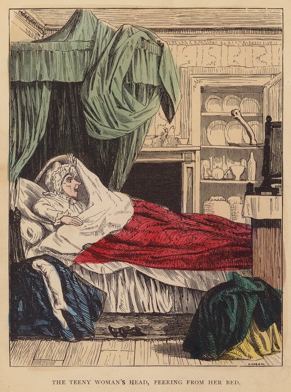 Der Kopf der winzigen Frau, der aus ihrem Bett lugt von English School