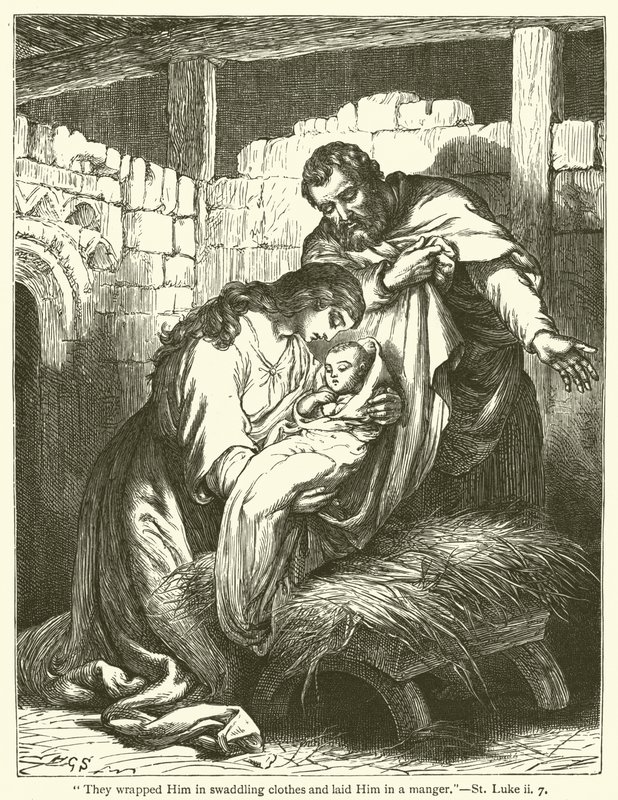 "Sie wickelten ihn in Windeln und legten ihn in eine Krippe", Lukas, ii, 7 (Gravur) von English School