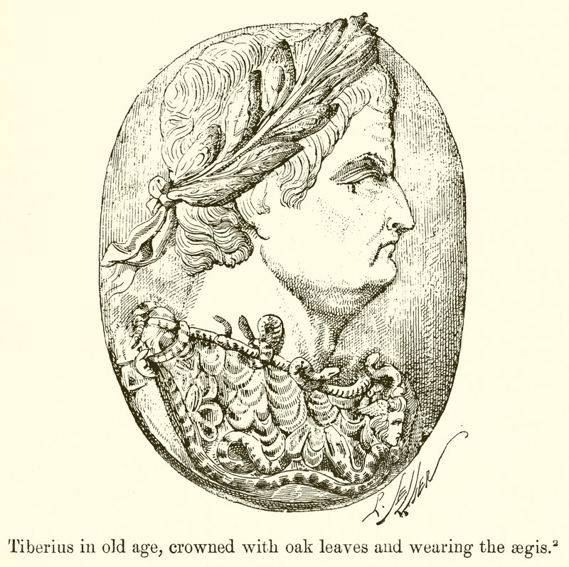 Tiberius im Alter, gekrönt mit Eichenblättern und die Aegis tragend von English School