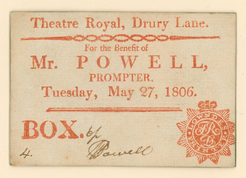 Ticket für Drury Lane Theatre, London: Zum Vorteil von Mr Powell, Souffleur, 27. Mai 1806 von English School