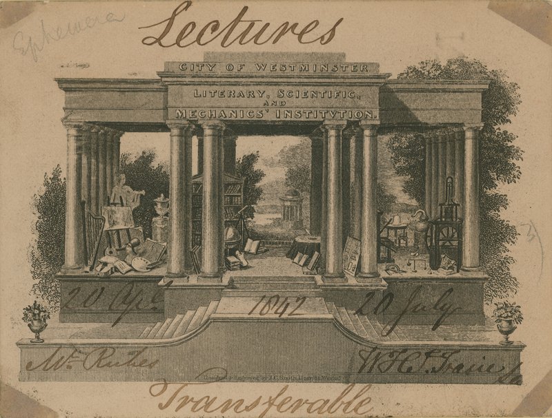 Ticket für Vorträge an der City of Westminster Literary, Scientific and Mechanics Institution von English School
