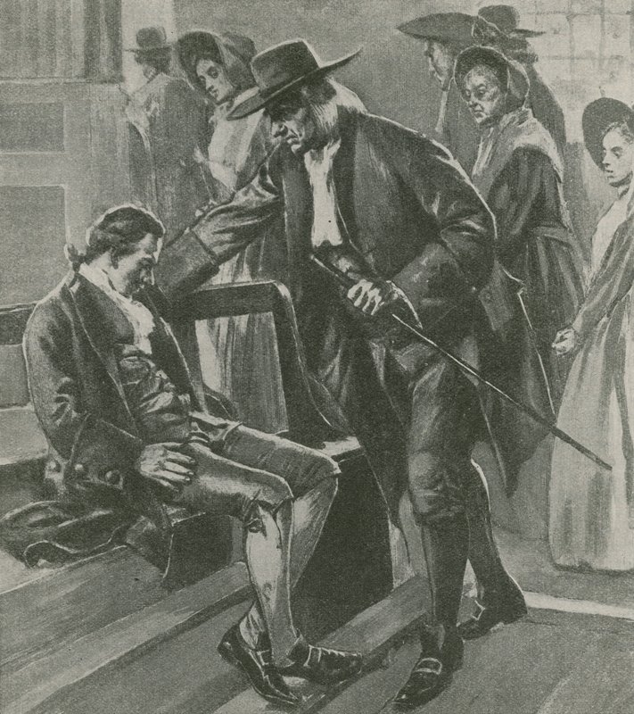 Müde und hungrig schläft Benjamin Franklin in einem Quäker-Versammlungshaus ein von English School