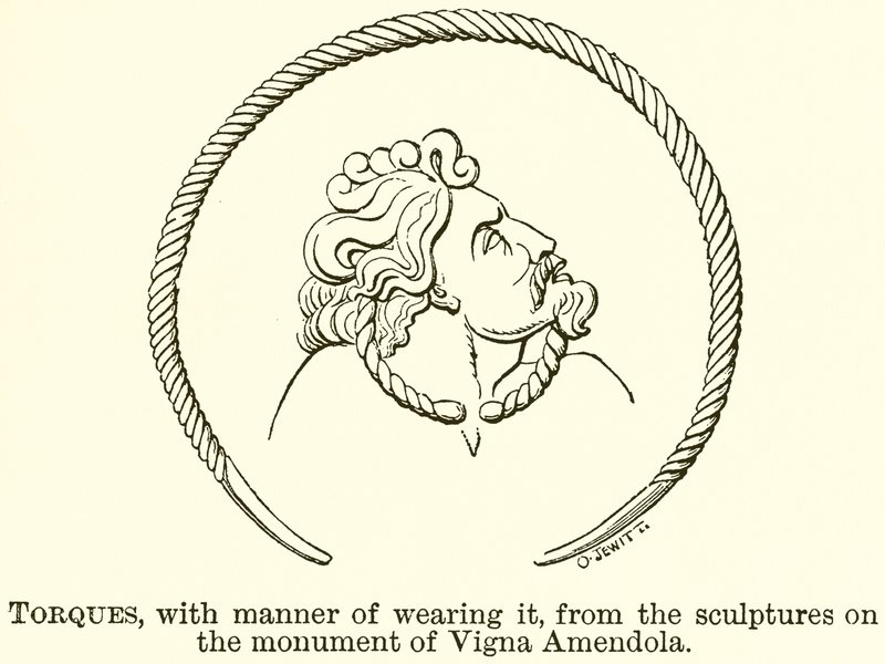 Torques, mit Trageweise, von den Skulpturen auf dem Denkmal von Vigna Amendola (Gravur) von English School