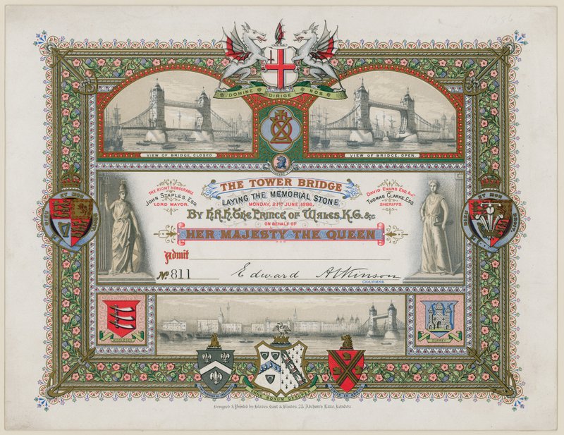 Tower Bridge, London, Einladung zur Grundsteinlegung, 21. Juni 1886 von English School
