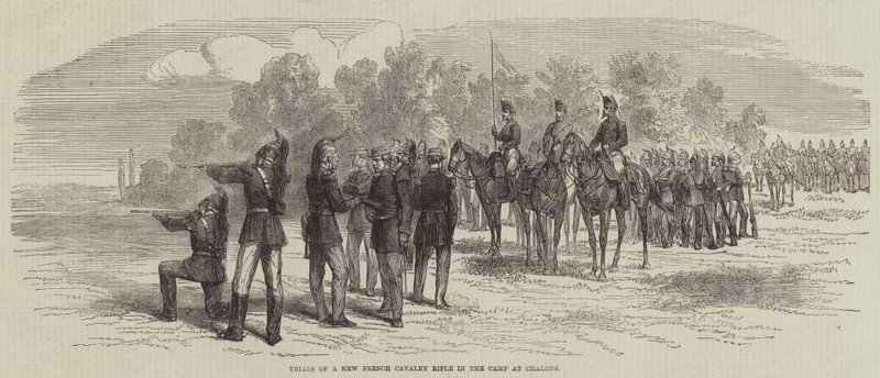 Tests eines neuen französischen Kavalleriegewehrs im Lager von Chalons von English School