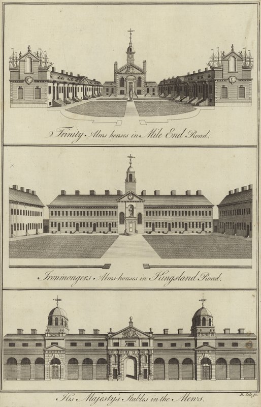 Trinity Almshouses in Mile End Road, Ironmongers Almshouses in Kingsland Road und die königlichen Ställe in den Mews, London von English School