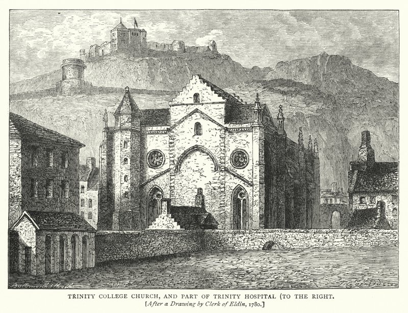 Trinity College Kirche und Teil des Trinity Hospitals, rechts (Stich) von English School