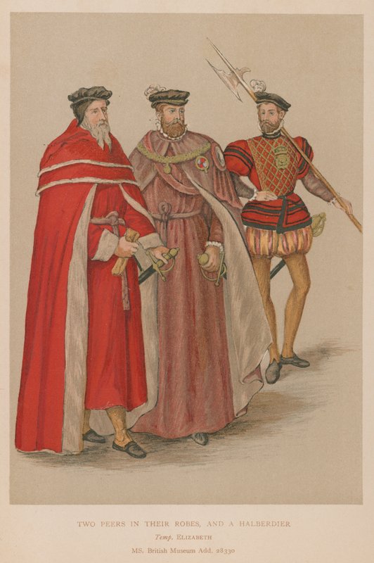 Zwei Adlige in ihren Roben und ein Hellebardier in der elisabethanischen Ära von English School