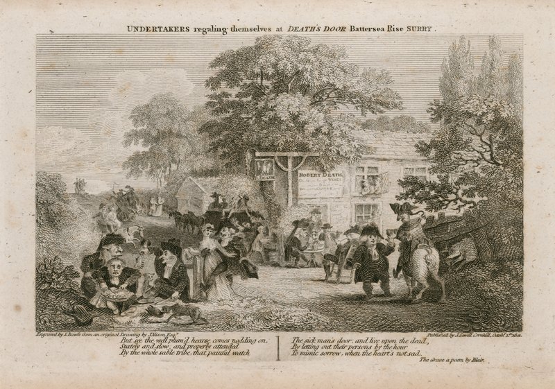 Bestatter, die sich an der Todespforte in Battersea Rise, Surrey, vergnügen von English School