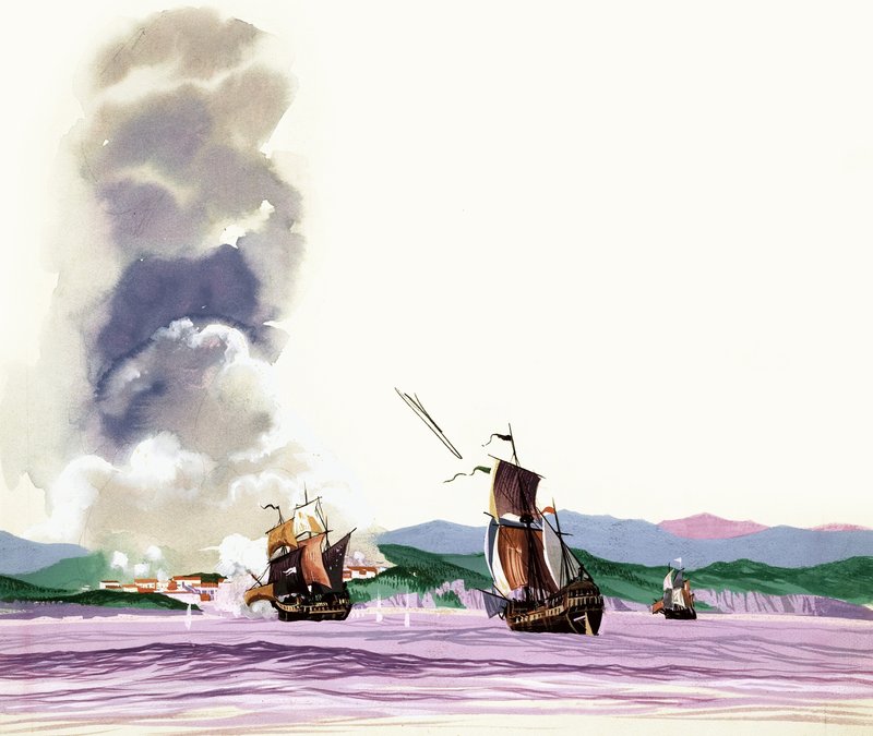 Unidentifizierte Schlacht mit Segelschiffen, die auf das Ufer feuern und Feuer erwidert wird von English School