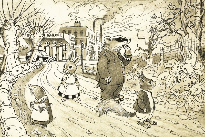 Unidentifizierte Cartoon-Tiere, darunter Eichhörnchen, Dachs, Maulwurf und Kaninchen von English School