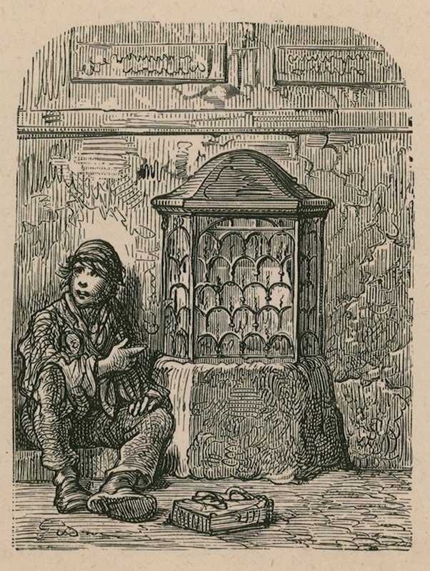 Unidentifiziertes Denkmal und Bettler von English School