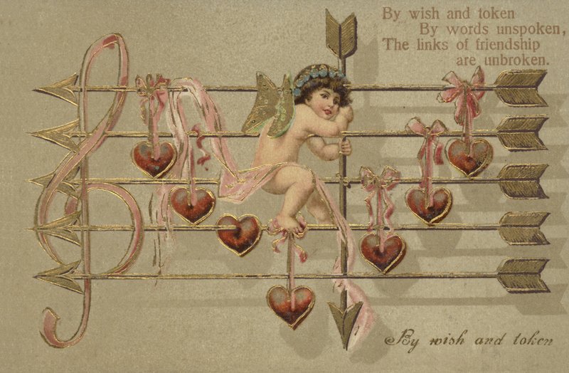 Valentinskarte mit Amor, Pfeil und Notenblatt von English School