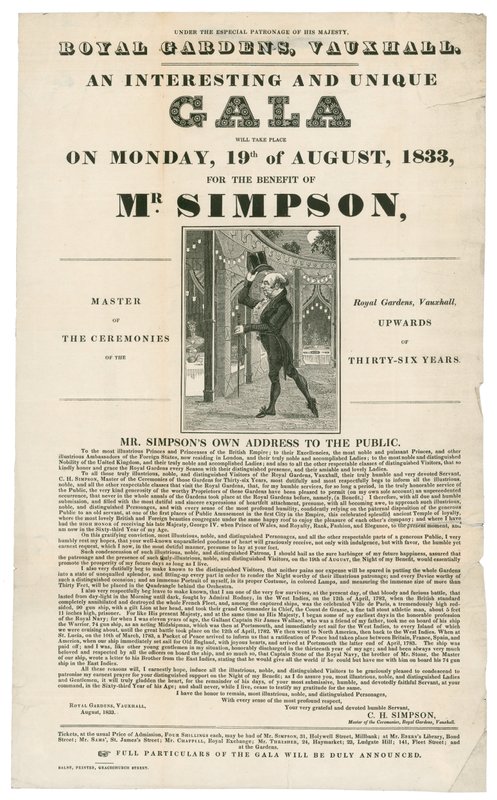 Vauxhall Gardens, Benefizveranstaltung für Mr. Simpson, 19. August 1833 von English School