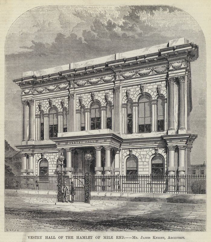 Vestry Hall des Weilers Mile End (Gravur) von English School