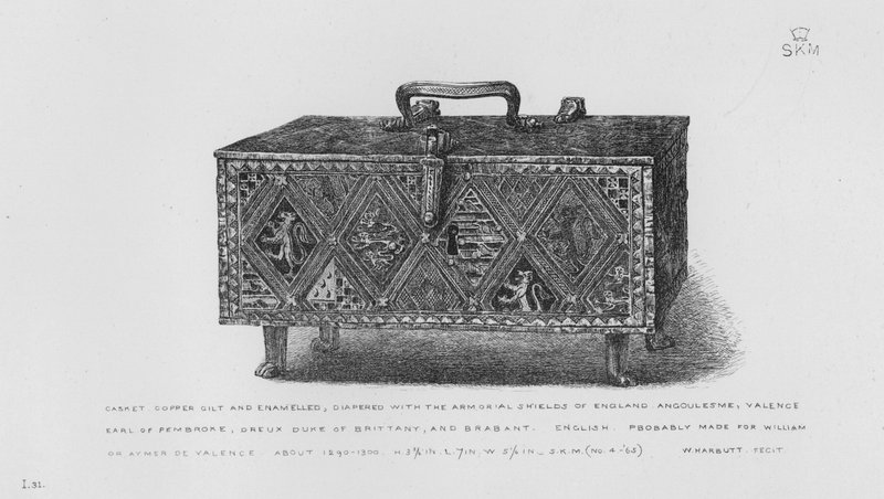 Victoria und Albert Museum: Kästchen, Kupfer vergoldet und emailliert, mit den Wappenschildern von England, Angoulême, Valence, Earl of Pembroke, Dreux Herzog von Bretagne und Brabant, Englisch, wahrscheinlich für William oder Aymer de Valence, um 1290-13 von English School