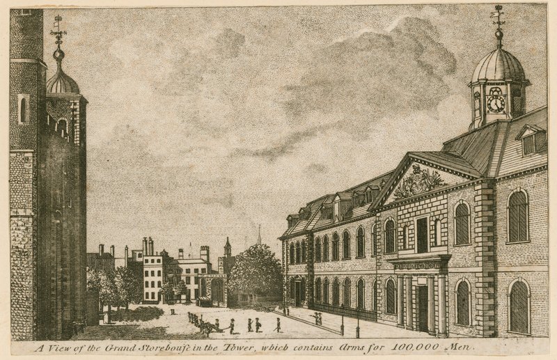 Ansicht des Grand Storehouse im Tower of London mit Waffen für 100.000 Männer von English School