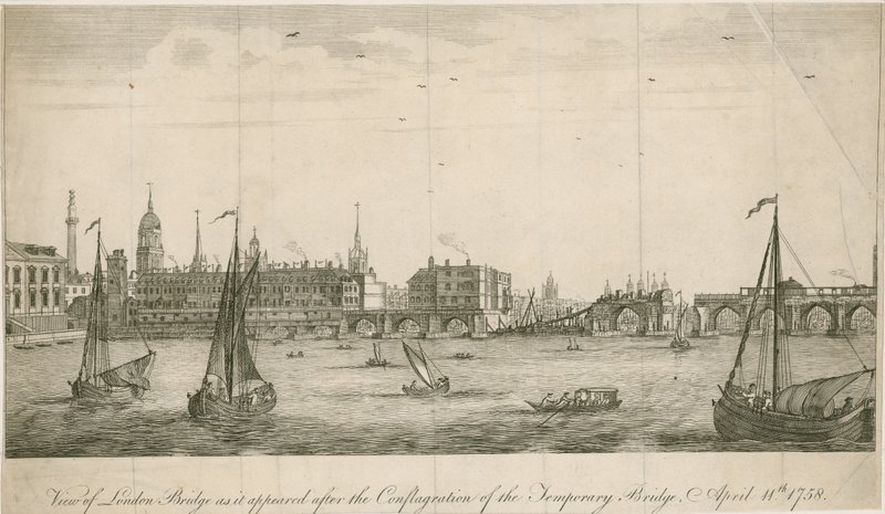 Ansicht der alten London Bridge, wie sie nach dem Brand von 1758 erschien von English School