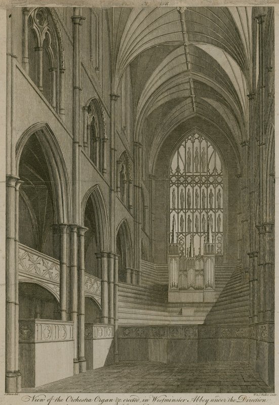 Ansicht der Orgel des Orchesters usw. errichtet in der Westminster Abbey, London von English School