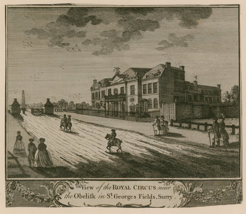 Ansicht des Royal Circus nahe dem Obelisken in St. Georges Fields, Surrey von English School