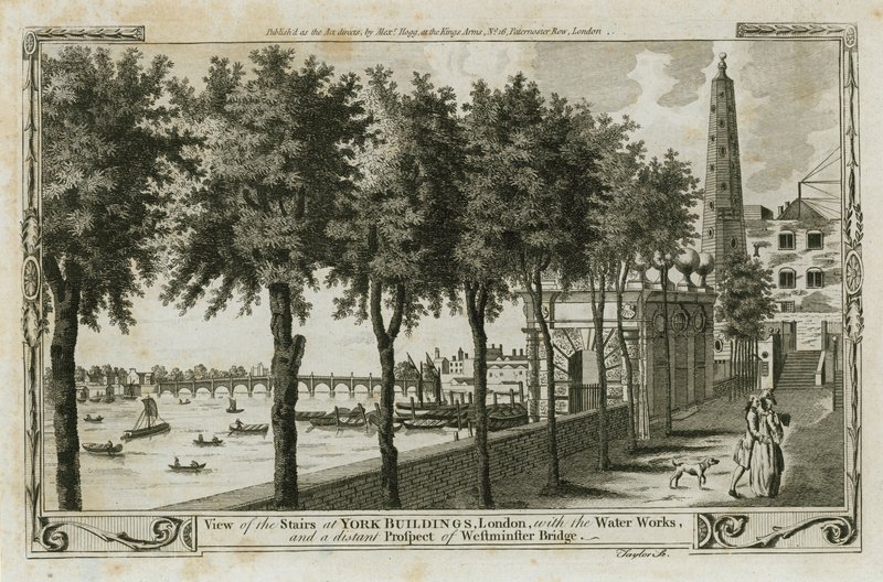 Ansicht der York Buildings, London mit den Wasserwerken und der fernen Aussicht auf die Westminster Bridge von English School