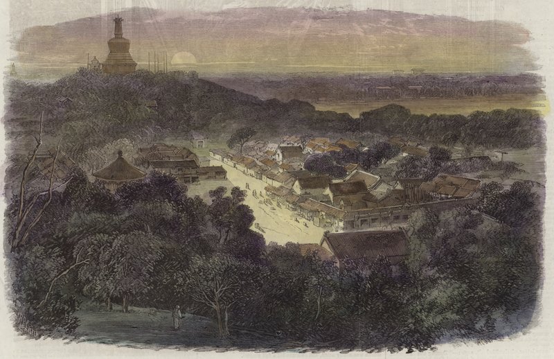 Blick auf die Gärten und den buddhistischen Tempel in der Kaiserlichen Stadt von English School