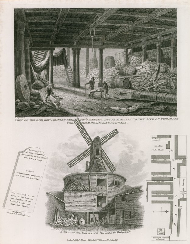 Ansicht des späten Reverend Charles Skeltons Versammlungshaus neben dem Standort des Globe Theatre von English School
