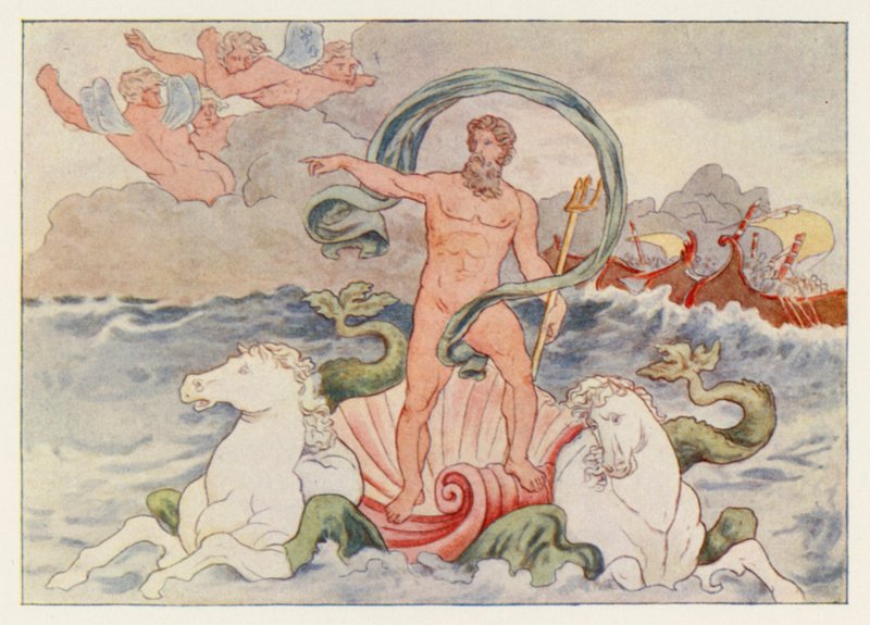 Vergils Aeneis: Neptun beruhigt die Wellen (Farblithografie) von English School