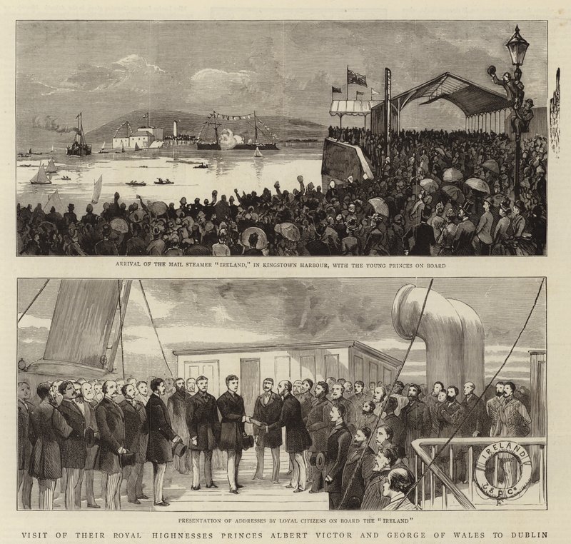 Besuch Ihrer Königlichen Hoheiten Prinzen Albert Victor und George von Wales in Dublin (Gravur) von English School