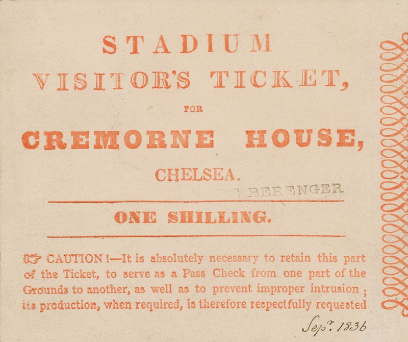 Besucherticket für das Stadion, Cremorne House, London, September 1836 von English School
