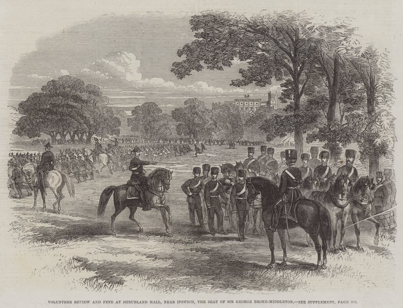 Freiwilligenüberprüfung und Fest in Shrubland Hall, in der Nähe von Ipswich, dem Sitz von Sir George Broke-Middleton von English School