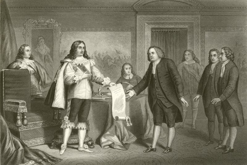 William Penn erhält die Charta von Pennsylvania von Karl II. von English School