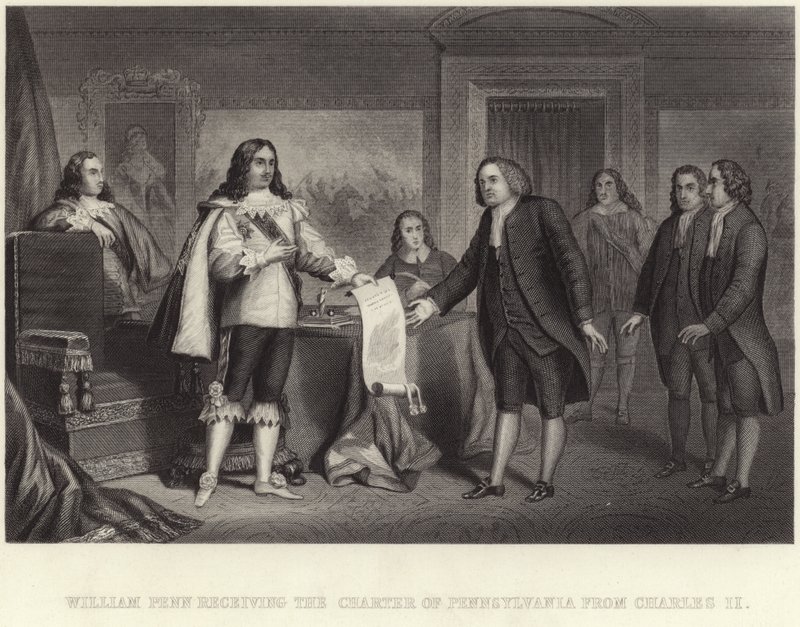 William Penn erhält die Charta von Pennsylvania von Charles II von English School