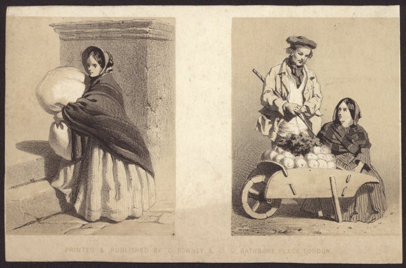 Straßenverkäuferin, die Gemüse von einer Karre verkauft (Lithographie) von English School