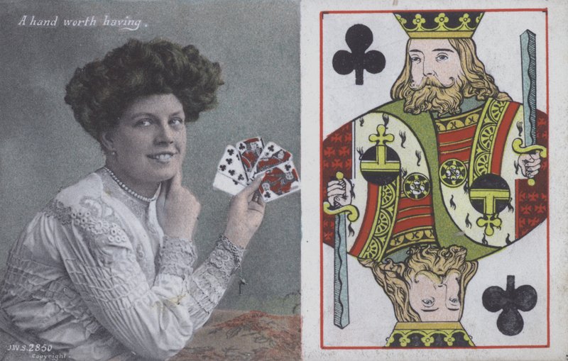 Frau mit Spielkarten und dem König der Keulen (Farblithografie) von English School
