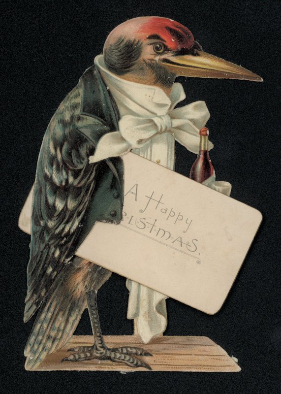 Specht als Kellner oder Butler verkleidet, Weihnachtsgrußkarte (Chromolithographie) von English School