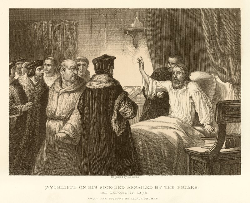 Wyckliffe auf seinem Krankenbett von den Mönchen angegriffen von English School