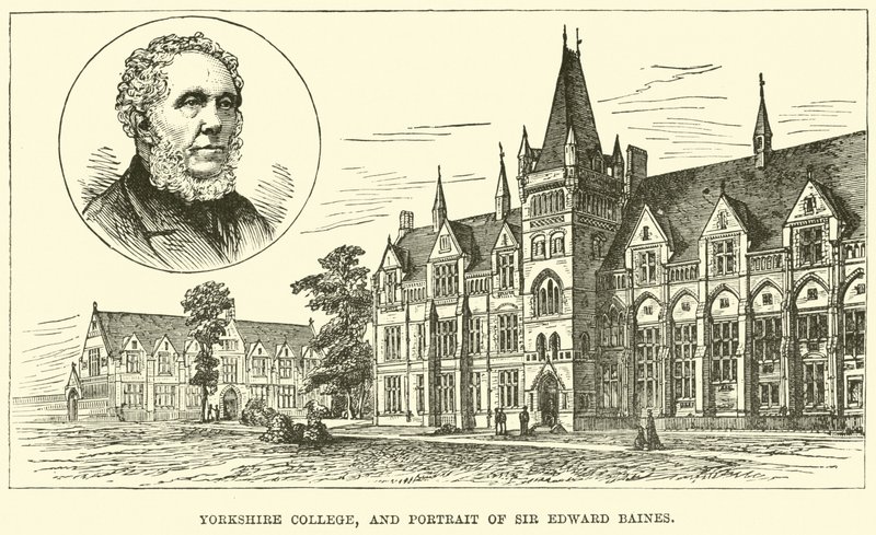 Yorkshire College und Porträt von Sir Edward Baines von English School