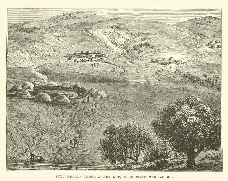Zulu-Kraals unter Zwart Kop, nahe Pietermaritzburg von English School