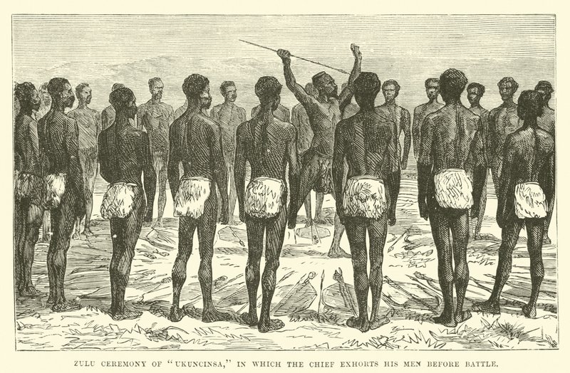 Zulu-Zeremonie von Ukuncinsa, bei der der Häuptling seine Männer vor der Schlacht ermahnt von English School