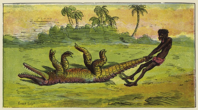 Ashanti-Mann zieht ein schlafendes Krokodil am Schwanz von Ernest Henry Griset