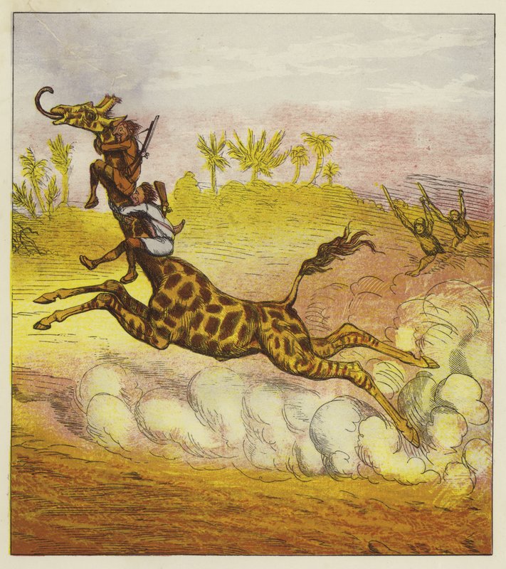 Die kühnen Brüder entkommen den Gorillas, indem sie auf einer Giraffe reiten von Ernest Henry Griset