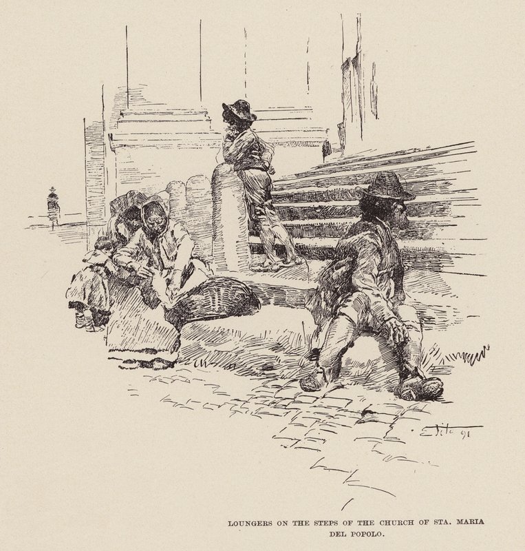 Faulenzer auf den Stufen der Kirche Santa Maria del Popolo von Ettore Tito