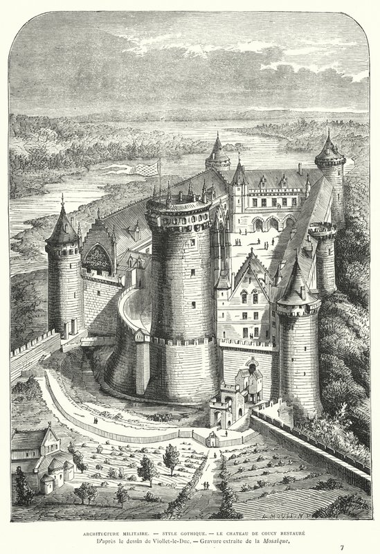 Schloss Coucy, Picardie, Frankreich, nach seiner Restaurierung im 19. Jahrhundert durch Eugène Viollet-le-Duc von Eugene Emmanuel after Viollet le Duc