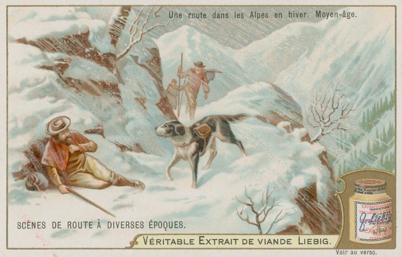 Eine mittelalterliche Straße über die Alpen im Winter von European School